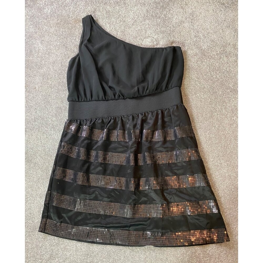 She Siad One-Shoulder Black Mini Dress Sequin Striped Skirt XL